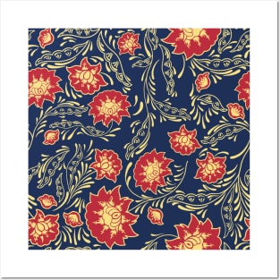 flower pattern red navy blue purple gold golden yellow aesthetic vintage Posters and Art